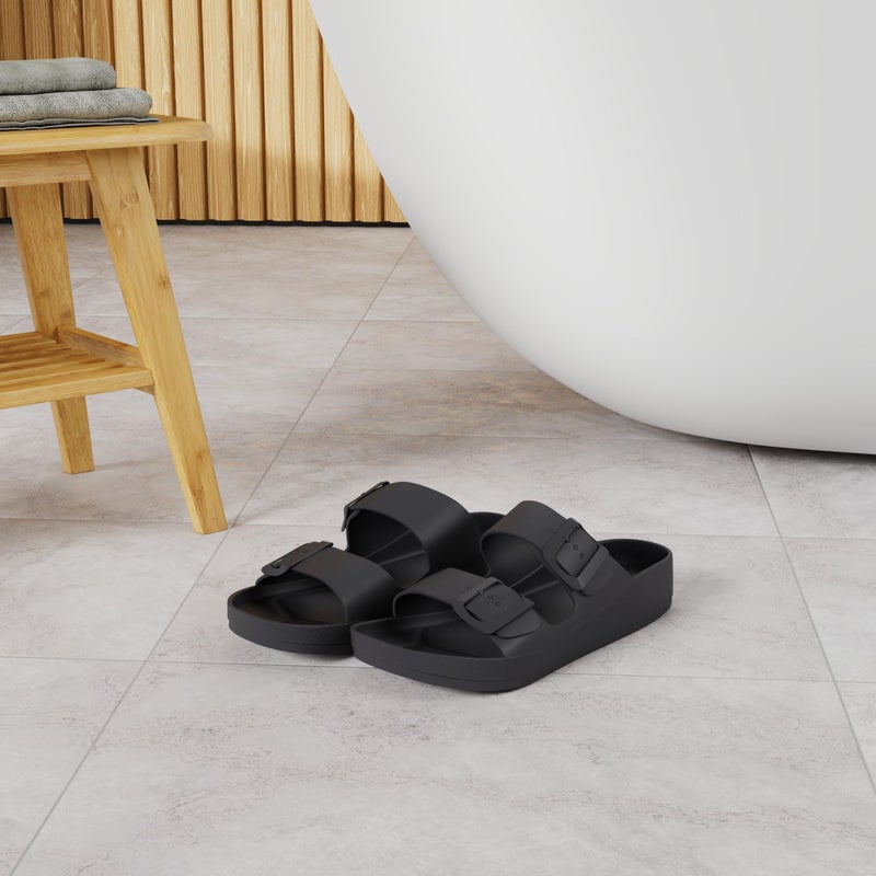 FUNKYMONKEY Women's Comfort Slides, Adjustable Double Buckle with Arch Support EVA Non-Slip Flat Sandals for Vacation & Daily Wear (7 M US-Women, Black) - Image 2